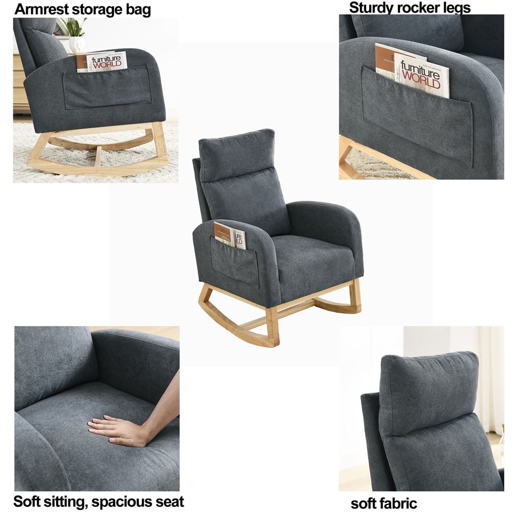 Rugerasy 27.6"W Accent Rocking Chair, Modern Upholstered Rocker Armchair For Nursery, Lounge Chair With 2 Side Pocket, High Backrest, Armrests For Living Room Bedroom
