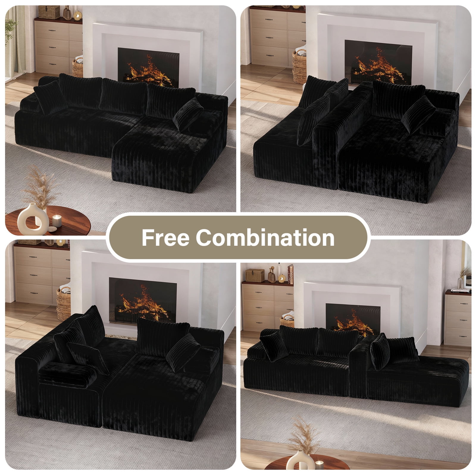 LAUSAINT HOME 96" Boneless Sectional Sofa, L-Shaped Modular Cloud Couch with Deep Seat & Plush Corduroy Fabric, (Black, Right Facing Chaise)