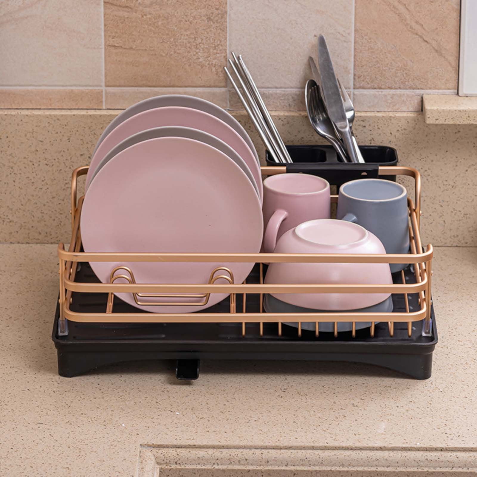 Huayishang Dish Drying Rack Aluminum Dish Drying Rack Counter Rustproof Dish Storage with Cutlery Holder Removable Drainer Tray Rose Gold, Kitchen Essentials Clearance Sale Gold