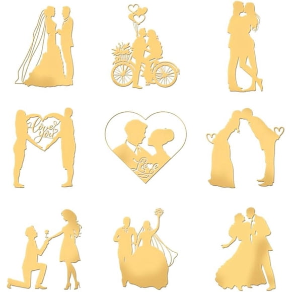 9 pegatinas de metal doradas de 1,6 x 1,6 pulgadas, pegatinas autoadhesivas para el día de San Valentín, bodas, parejas, amantes, corazones, pegatinas de epoxi doradas para álbumes de recortes,