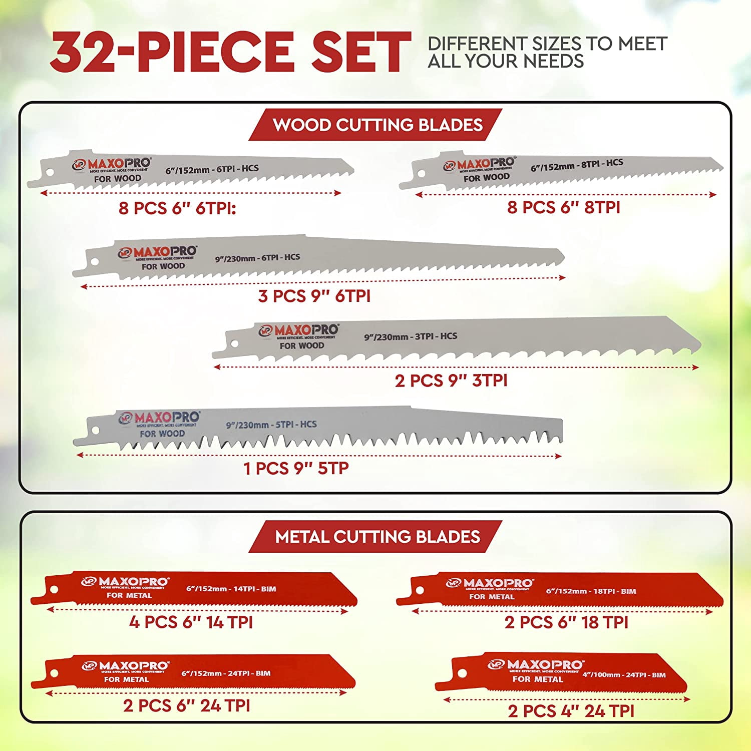 32-Pieces Reciprocating Saw Blades Set – Premium Blades for Metal and Woodcutting – Durable & Sharp Pruning Saw Blades with Organizer Pouch - by MaxoPro