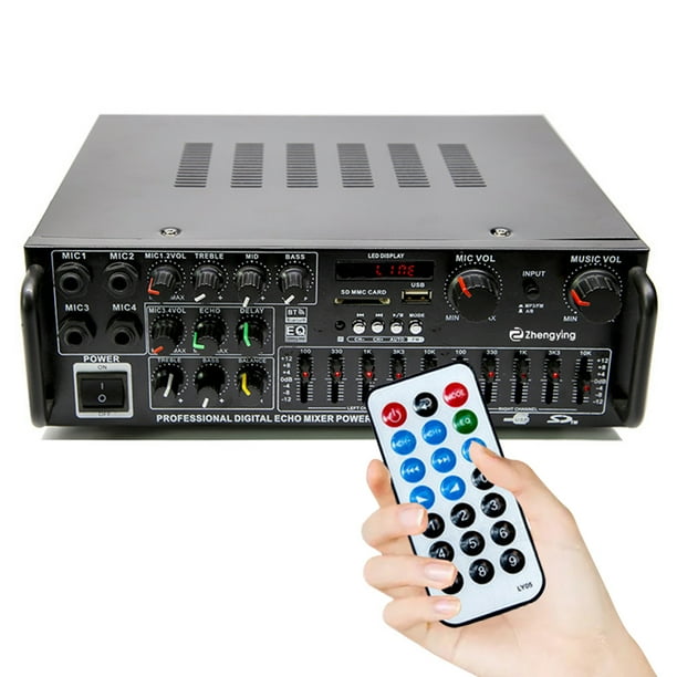Amplificador de poder Amplificador de potencia estéreo para cine en casa para coche, receptor BT de 2 canales, amplificador de audio, ecualizador EQ de 12 V/110 V, radio FM con 4 conectores de micrófo