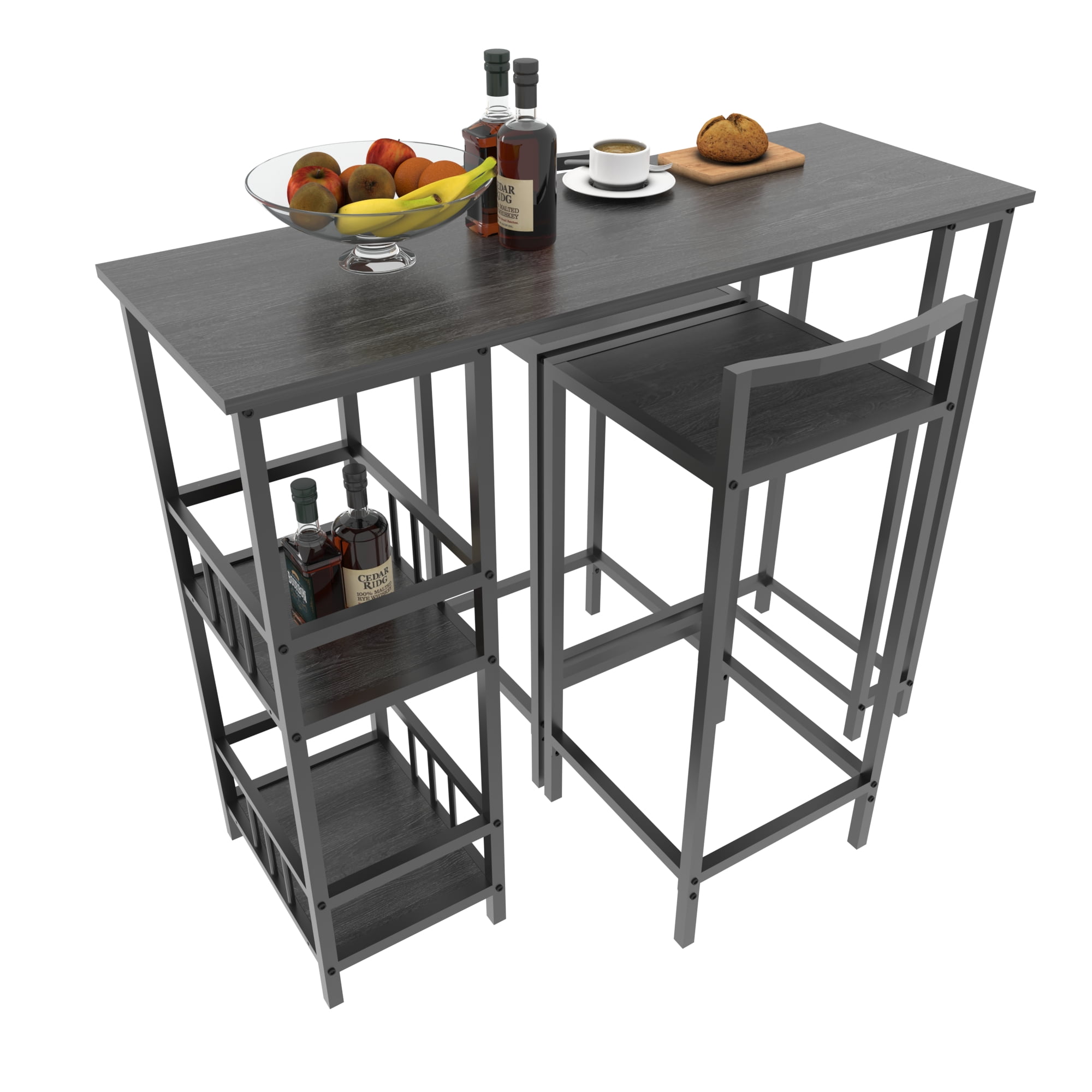 GARITIN 3 Piece Counter Height Bar Table Set with 2 Bar Stools, Rectangular Pub Table with 3 Tier Side Storage Shelves for Kitchen, Walnut Brown