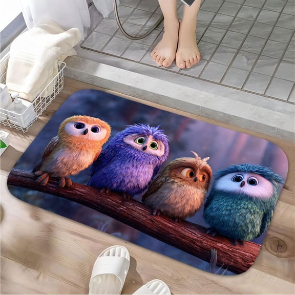 1pc Four Owls Pattern Absorbent Non-Slip Bathroom Thickened Flannel Rug Decor,Soft,Quick Drying,Suitable For Indoor/outdoor Use,Bathrooms,Bedrooms,Kitchens,Terrace,Laundry Rooms,16"x24"