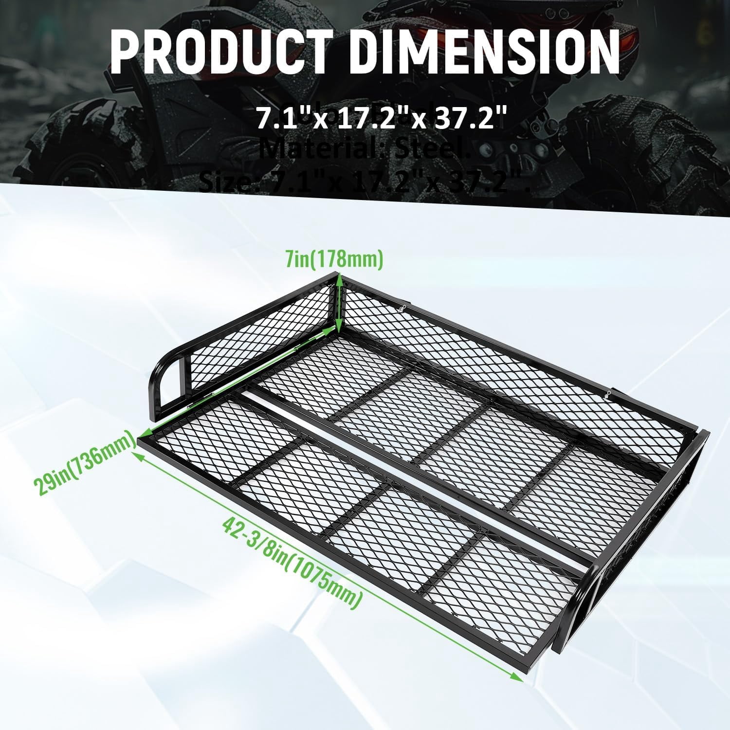 KOJEM 42" Rear Cargo Basket Universal ATV UTV Black Steel Storage Rack Rear Goods Mesh Rack