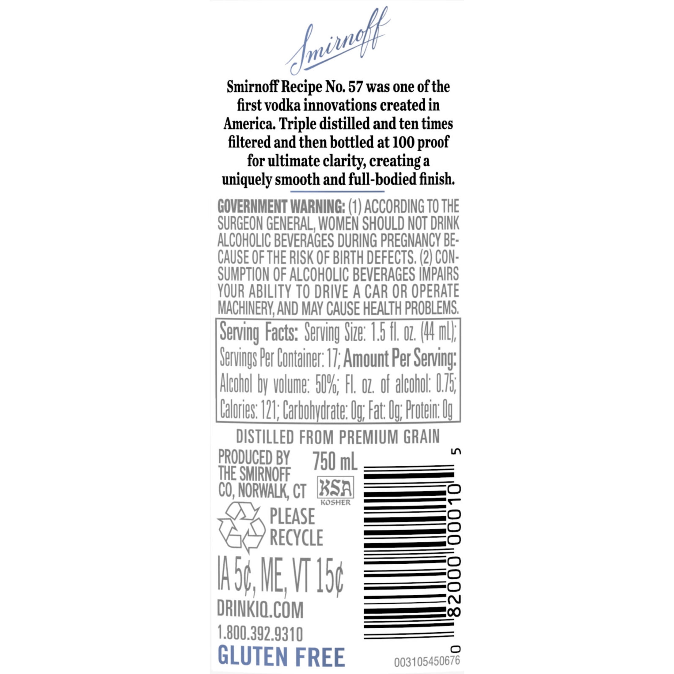 Smirnoff 100 Proof Vodka, 750 mL, 50% ABV