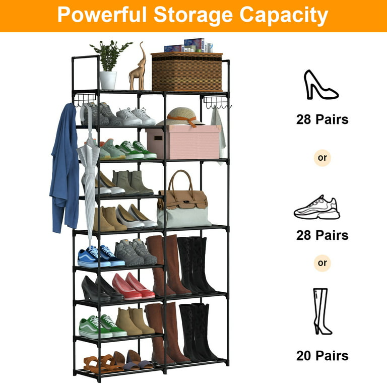 Metal Shoe Storage Shelf Free Standing Shoe Stand with 2 Row Hooks | 3