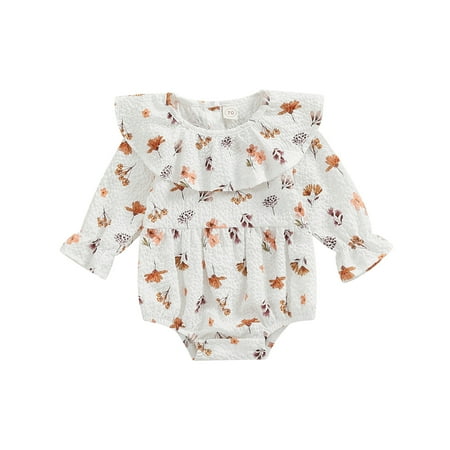 

Musuos Baby Girls Spring Romper Long Sleeve Floral Patterns Doll Collar Ruched One-Piece Infant/Toddler Snap Triangle Bottom Jumpsuit