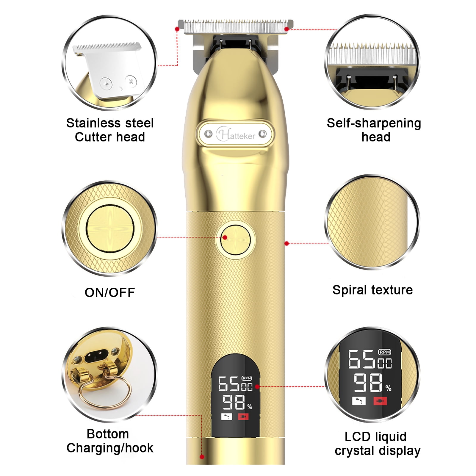 Hatteker Outlining Hair Clippers  Beard Trimmer Cordless T-blade Gold  Portable Rechargeable 