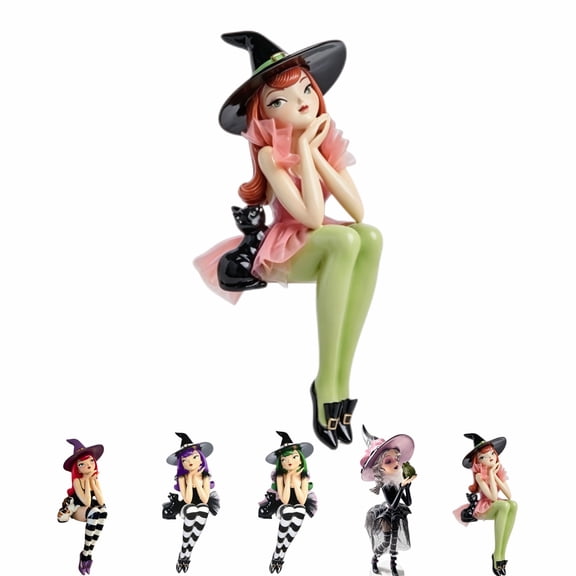 Orange Hair Shelf Sitting Witch Figurine with Black Cat,1PCS Gothic Resin Edge Sitting Witch Statue with Witch Hat,12" Spooky Fall Halloween Decor for Tabletop& Bookshelf