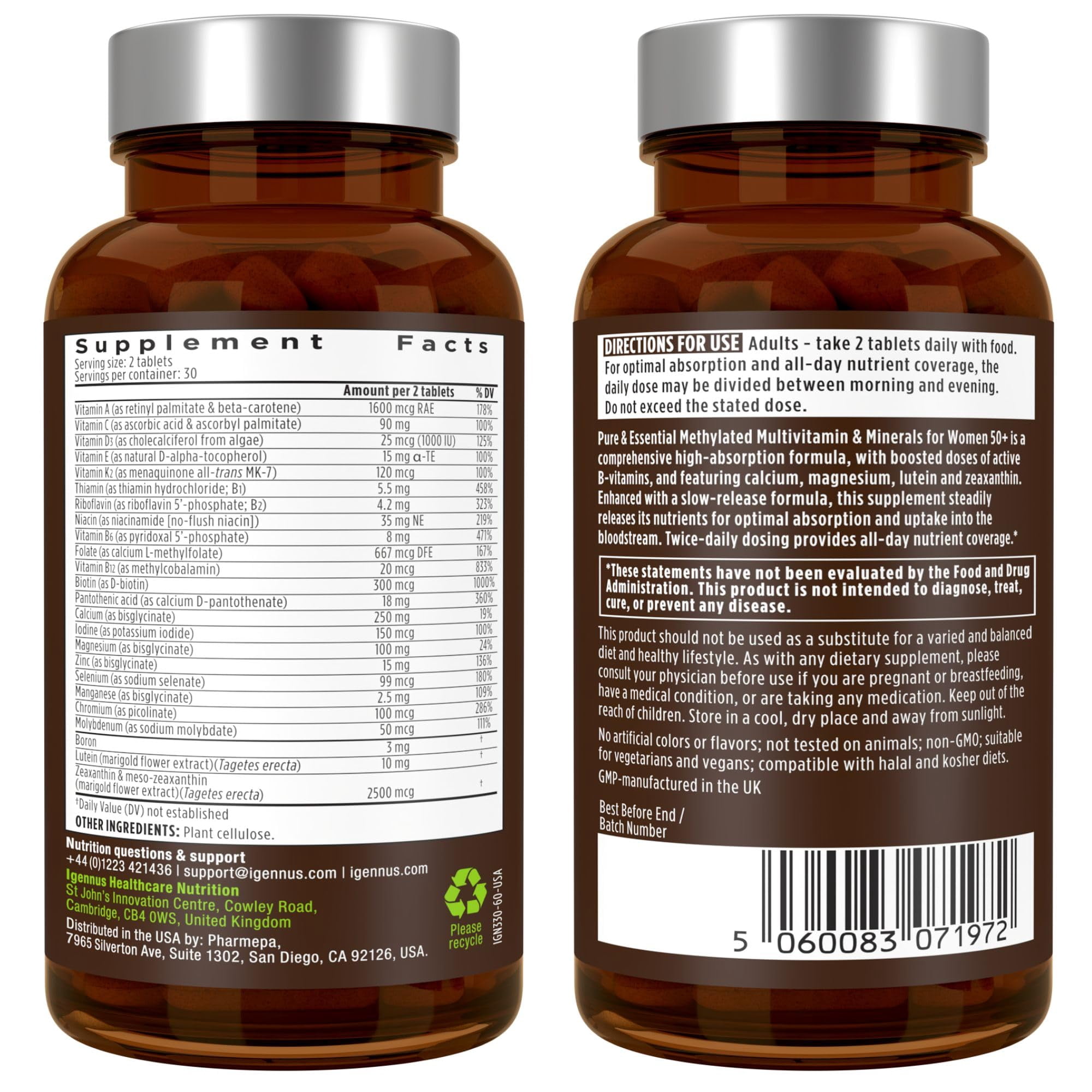 Igennus Methylated Women's 50+ Multivitamin with Calcium & Magnesium, Pure & Clean, All-Day Nutrient Delivery with High-Strength B-Vitamins,Antioxidant Support, Iron and Copper Free, 60 Vegan Tablets