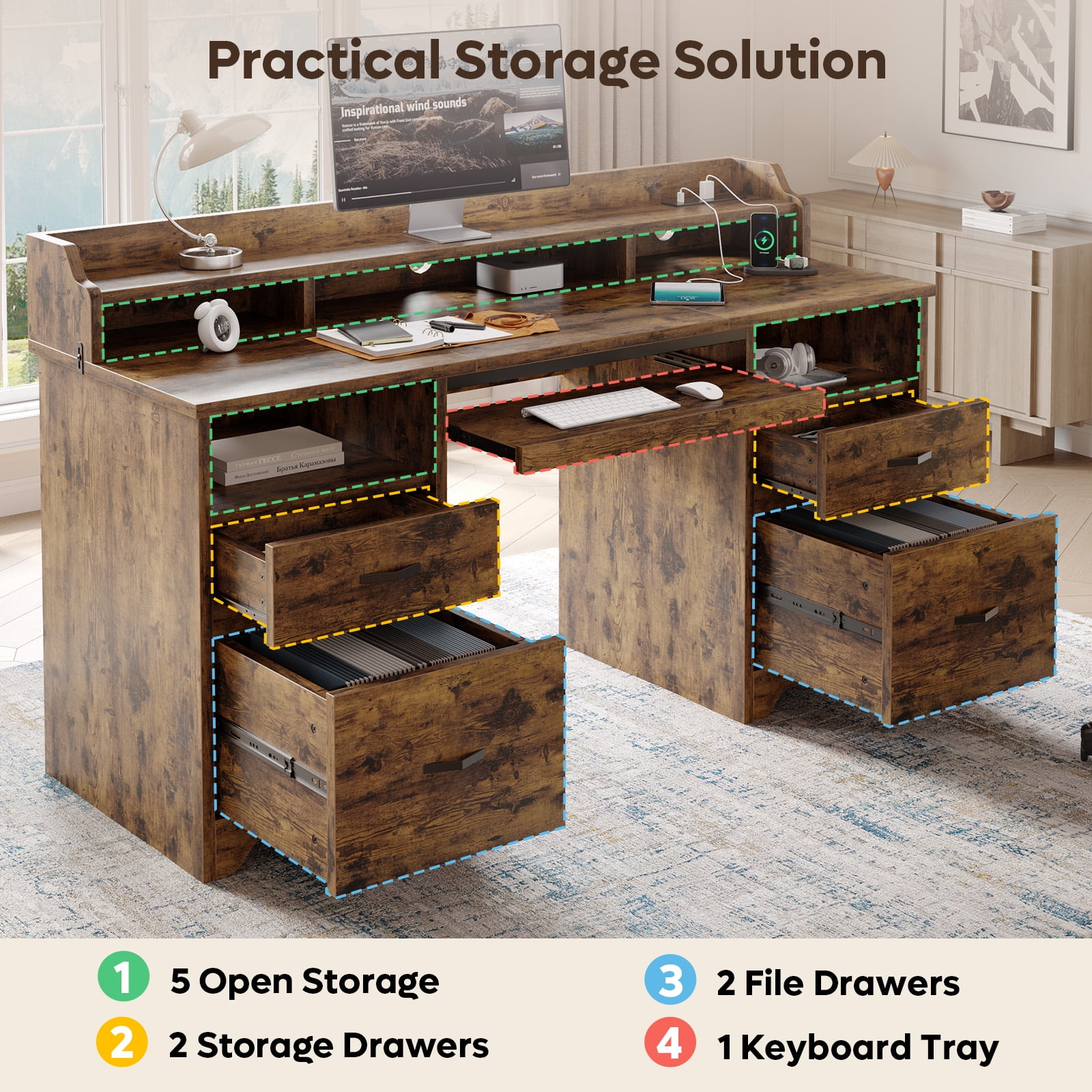 Bestier Farmhouse Executive Desk with Drawers, 59" Wood Computer Desk with Charging Station, Home Office Desk with Keyboard Tray & Monitor Stand，File Cabinet Sturdy Desk for Work Study, Rustic Brown