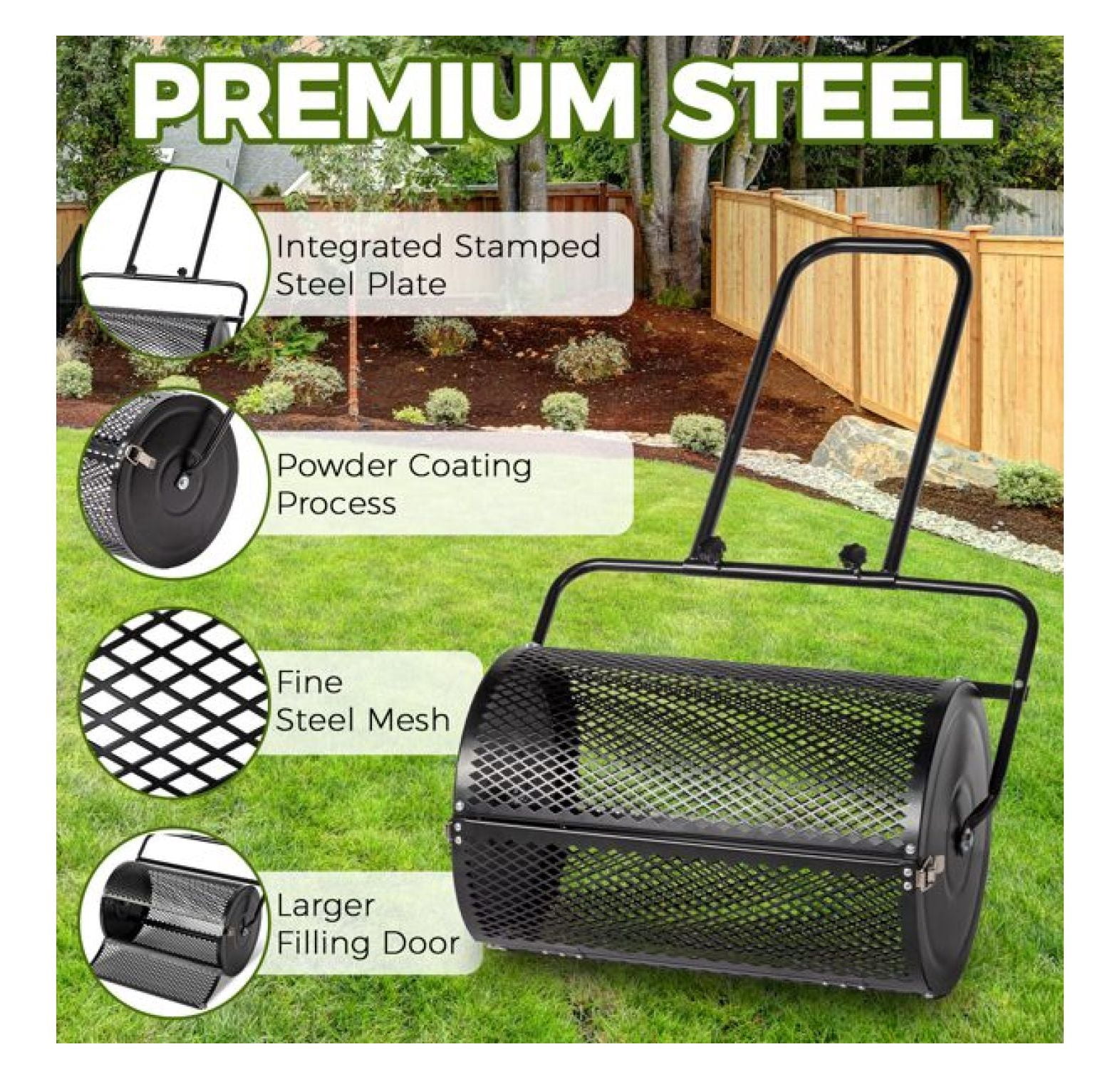 24 inch Compost Spreader for Lawn, Garden Peat Moss with Double Side Latches, Powder Coated Steel Mesh Basket for Topdressing & Seedling, Black
