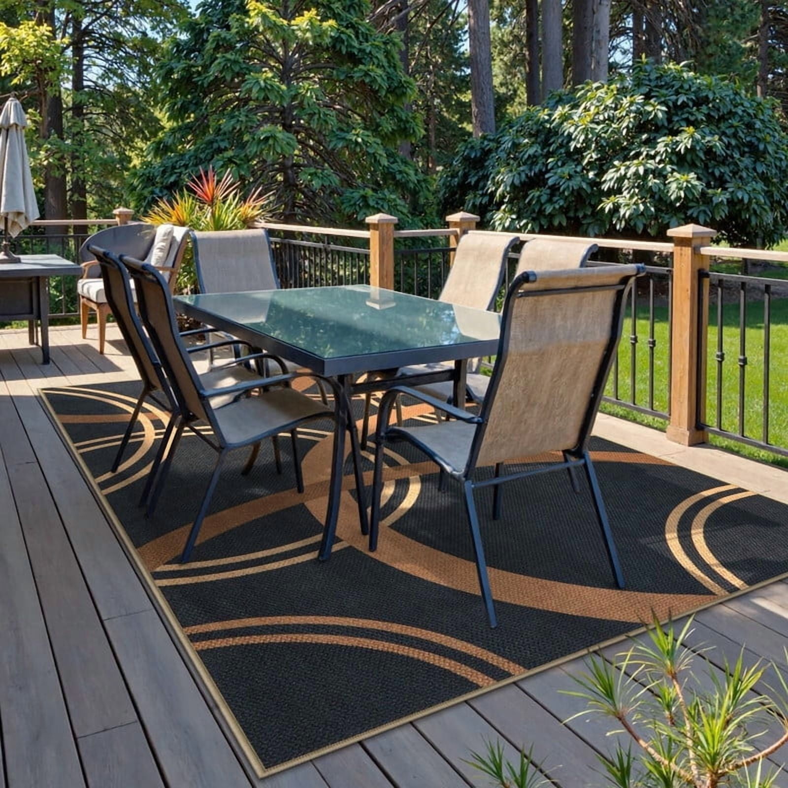 SUNDEREY 5'x7' Geometri Area Rug,5x7ft Washable Circular Pattern Rug,Easy Jute Indoor Outdoor Carpet, Farmhouse Non Slip Khaki Floor Rug for Bedroom Dining Room Office Entrance Kitchen,Black