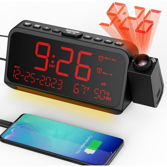 Projection Alarm Clock for Bedroom Ceiling, Digital Clock Projector with Weekday/Weekend Mode, Date, Temperature, Humidity, Type-C USB Charger, Night Light, Dual Alarms, DST, Dimmer,12/24H