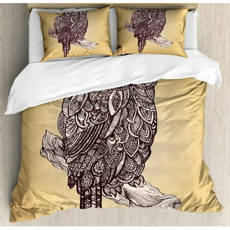 Owl King Size Duvet Cover Set Hand Drawn Style Artistic Bird