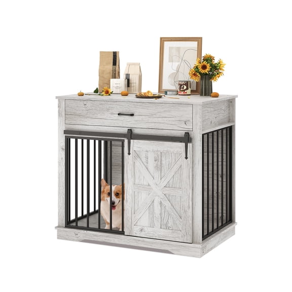 37.8" W Dog Crate Furniture for Small Medium Dogs, 2-in-1 Iron-Wood Fusion Dog Cage Indoor As Side End Table, Farmhouse Dogs Kennel with Sliding Barn Doors & Drawer