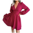 thumbnail image 4 of Fesfesfes Spring Dresses for Women V Neck Long Sleeve Party Dress Casual Solid Color Pleated Dress Knee Length Swing Sun Dress, 4 of 8