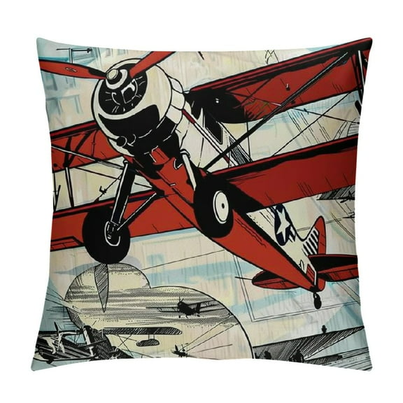 JRXY Vintage Airplane Throw Pillow Cushion Cover Illustration of Various Biplanes Nostalgic Antique Silhouettes Print Decorative Square Accent Red Black 12x12in