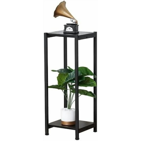 Tall Plant Stand Indoor,31 Inch Plant Stands,2 Tier Metal Plant Stand with Heavy Duty Wood,Black