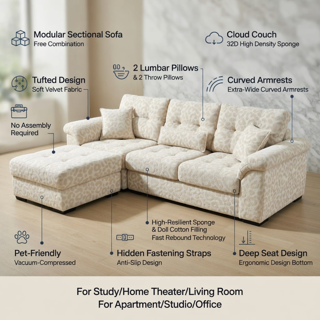 Hommoo Leopard Print Chenille Loveseat Sofa with Movable Ottoman & Tassel Trim, 2-Seat Modern Deep-Seat Couch for Living Room, Beige