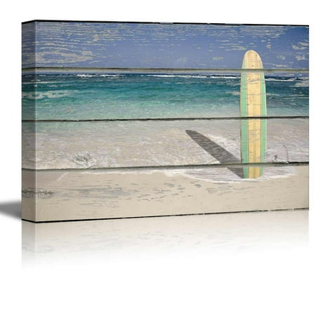 Wall26 - Relaxing Beach Scene with a Surf Board Standing in the Sand on a Rustic Wood Background - Canvas Art Home Decor - 12x18