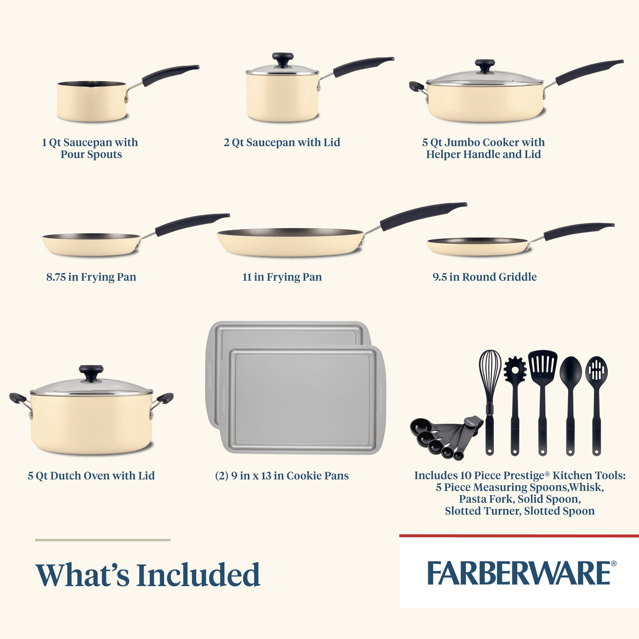 Farberware Easy Clean 22 Pcs Nonstick Cookware Set Includes Baking Pans and Cooking Tools, Dishwasher Safe, Almond Cream