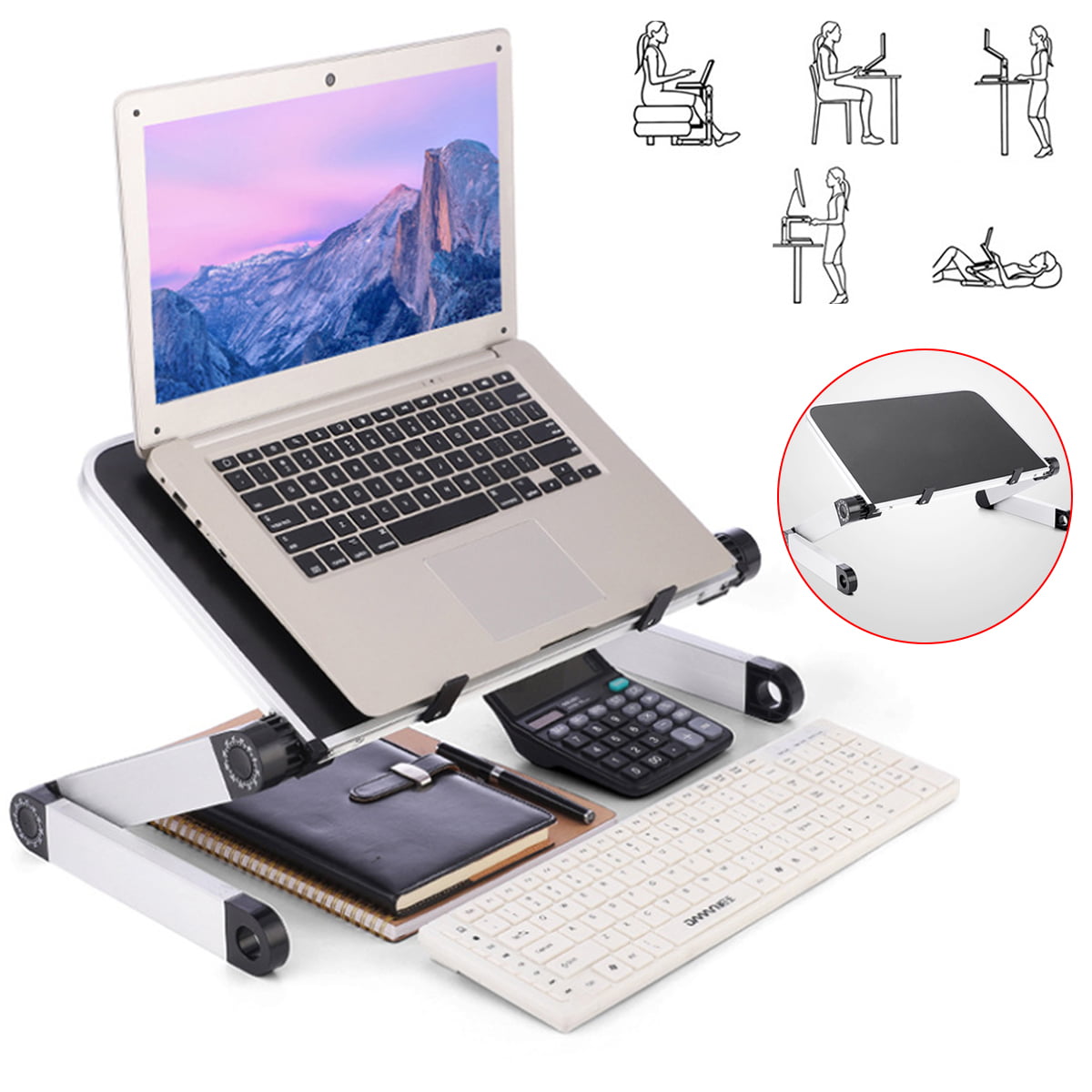 Computer Radiator Bracket Folding Laptop Table Lap Desk Computer Tray Stand Bracket with Radiator Cooling Fan Silver