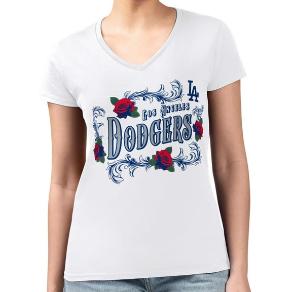 Women's G-III 4Her by Carl Banks White Los Angeles Dodgers Super-Slim Fit Lightweight Retro Roses V-Neck T-Shirt