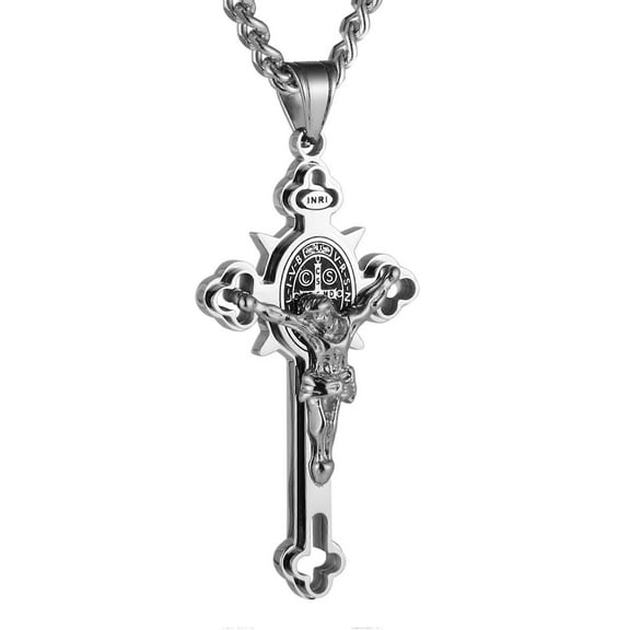 Vintage Religious Stainless Steel Saint Benedict Jesus Crucifix Cross Pendant Necklace Chain for Men Women Charm Jewelry