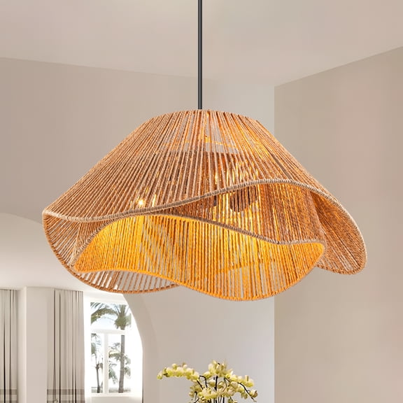 19.7” Rattan Pendant Light Fixture Boho Farmhouse Woven Rattan Chandelier for Dining Room, 3-Light Large Bohemian Rustic Wicker Ceiling Hanging Lamp Over Table for Kitchen Island, Living Room
