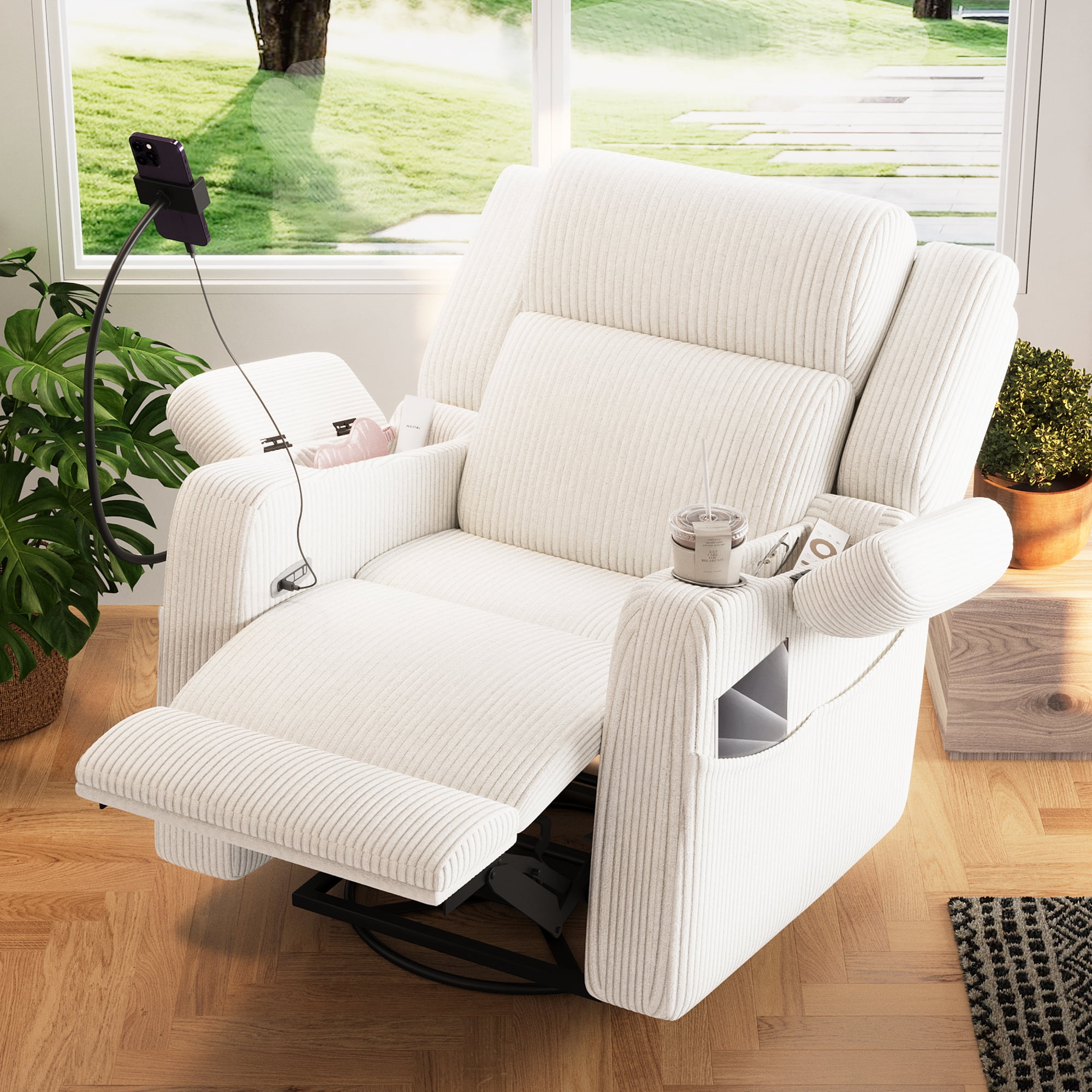 Leumius Recliner Chair with Heat and Massage,270° Swivel Rocker Recliner with Phone Holder & USB Ports,Single Rocker Sofa Nursery Glider with Hidden Storage, Side Pockets, Cup Holder,Beige