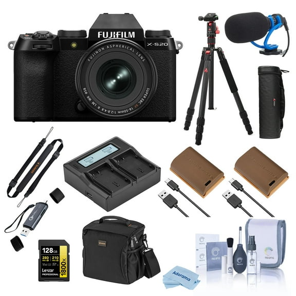 Fujifilm X-S20 Mirrorless Camera with XF 16-50mm f/2.8-4.8 R LM WR Lens, Black, Bundle with 2x Battery, Tripod, Shotgun Microphone, 58mm Filter Kit and Backpack