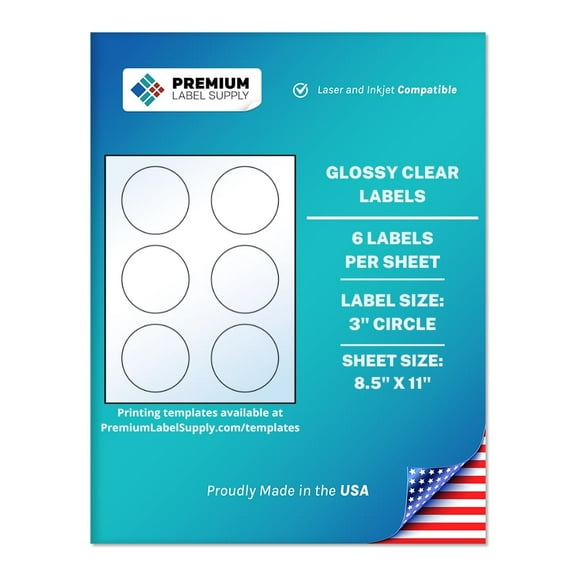 Premium Label Supply Glossy Clear Sticker Round Labels – 3" Circle – Laser/Inkjet Compatible – (6 Labels/Sheet), 10 Sheets – 60 Total Adhesive Labels