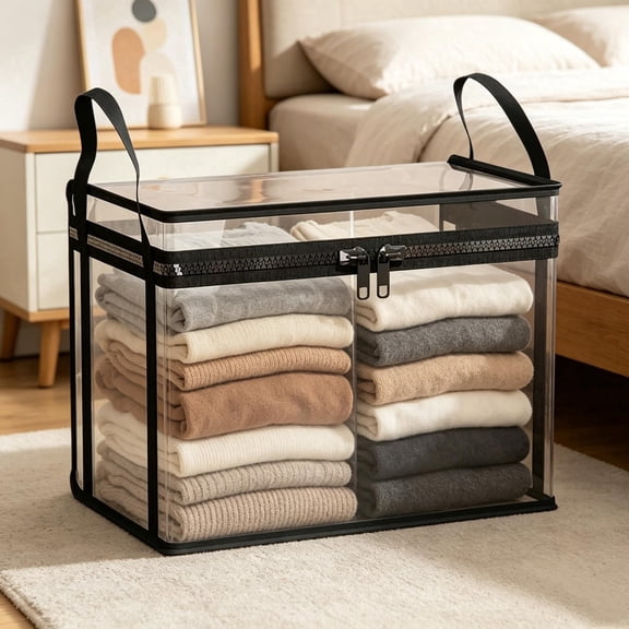 Waterproof Clear Plastic Storage Box, Foldable Bin with Reinforced Handle and Double Zipper (L:Black-B)