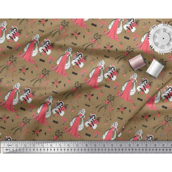 Soimoi Brown Cotton Voile Fabric Holly Leaves,Gift Box & Shopper Women Fashion Print Fabric by Yard 42 Inch Wide