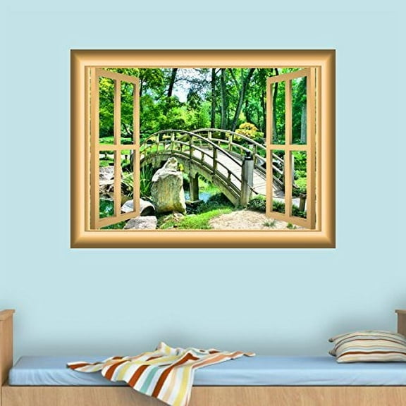 VWAQ 3D Forest Wall Decal Scenic Wall Sticker Peel and Stick Window Bridge Mural - NW49 (24"H x 30"W)