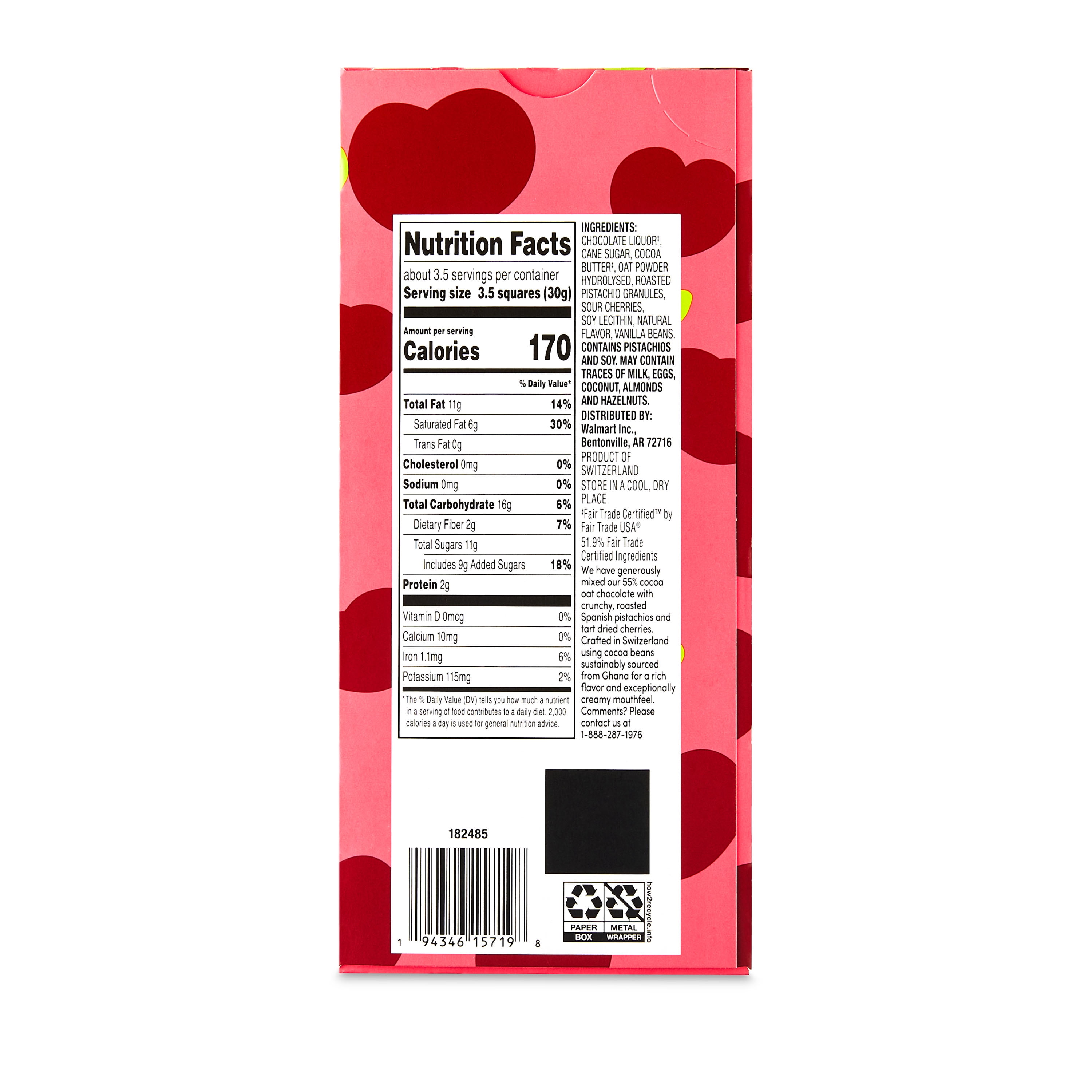 bettergoods Plant-based 55% Oat Chocolate Bar with Tart Cherries and Pistachios, 3.5 oz