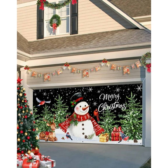 Garage Door Banner Cover 7 x 16 ft, Christmas Winter Snowman Snowflakes Christmas Tree Elk Black Christmas Garage Door Decorations Holiday Christmas Backdrop Decor for Winter New Year Xmas Party