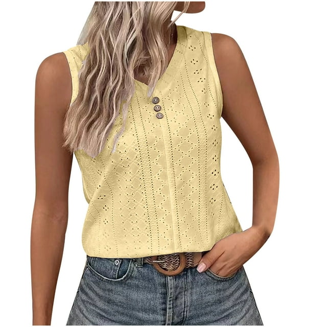 Timegard Womens Tank Tops Eyelet V Neck Button Slim Fitting Sleeveless Tops Casual Summer Beach Vacation