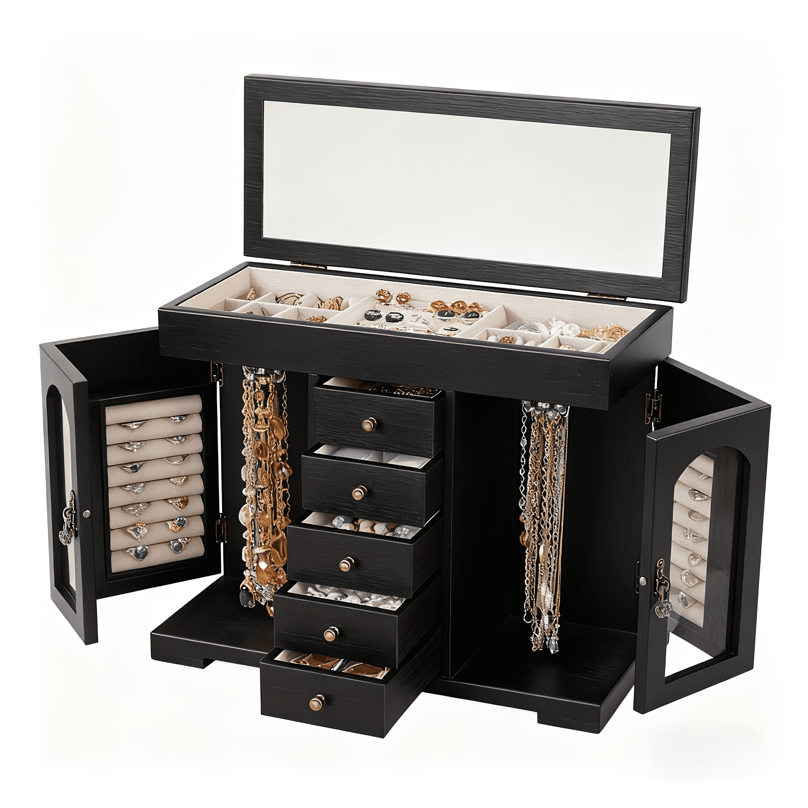 Sfugno Jewelry Box for Women Girls, Wooden Jewelry Organizer Box with Mirror, 5 Layer Jewelry Storage Case,Black