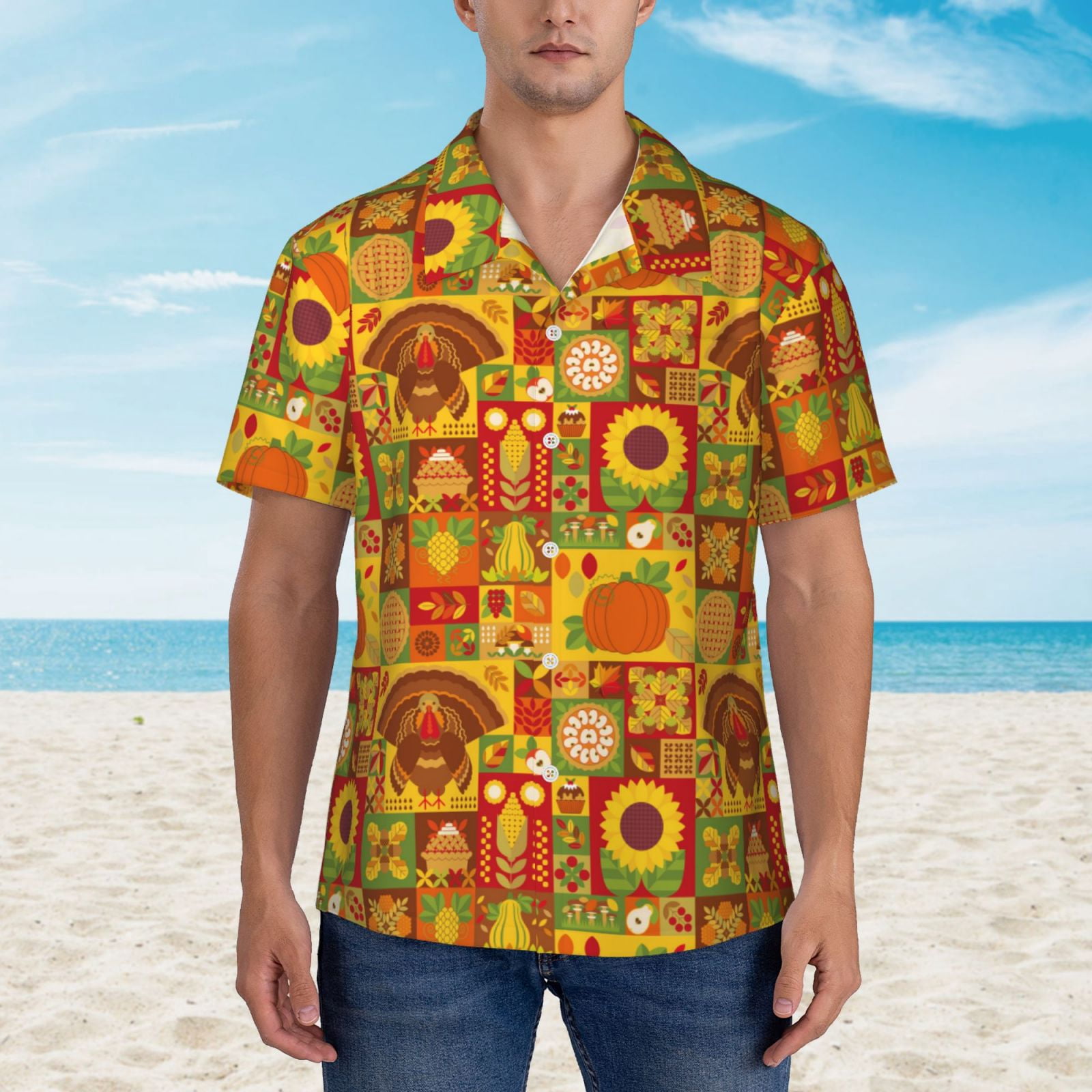 Logiee Thanksgiving Day Print Mens Hawaiian Shirts,Loose-Fit Short Sleeve Button Down Tropical Aloha Beach Shirt,Summer Vacation Wedding Tops,Medium