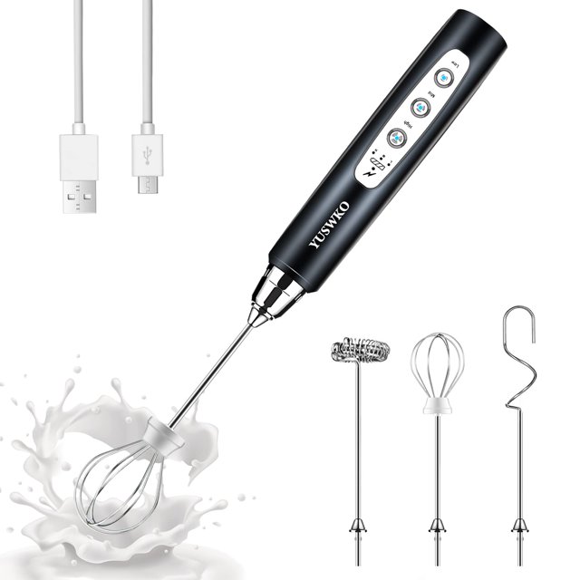 Espumador de leche eléctrico portátil YUSWKO con USB de 3 velocidades, negro