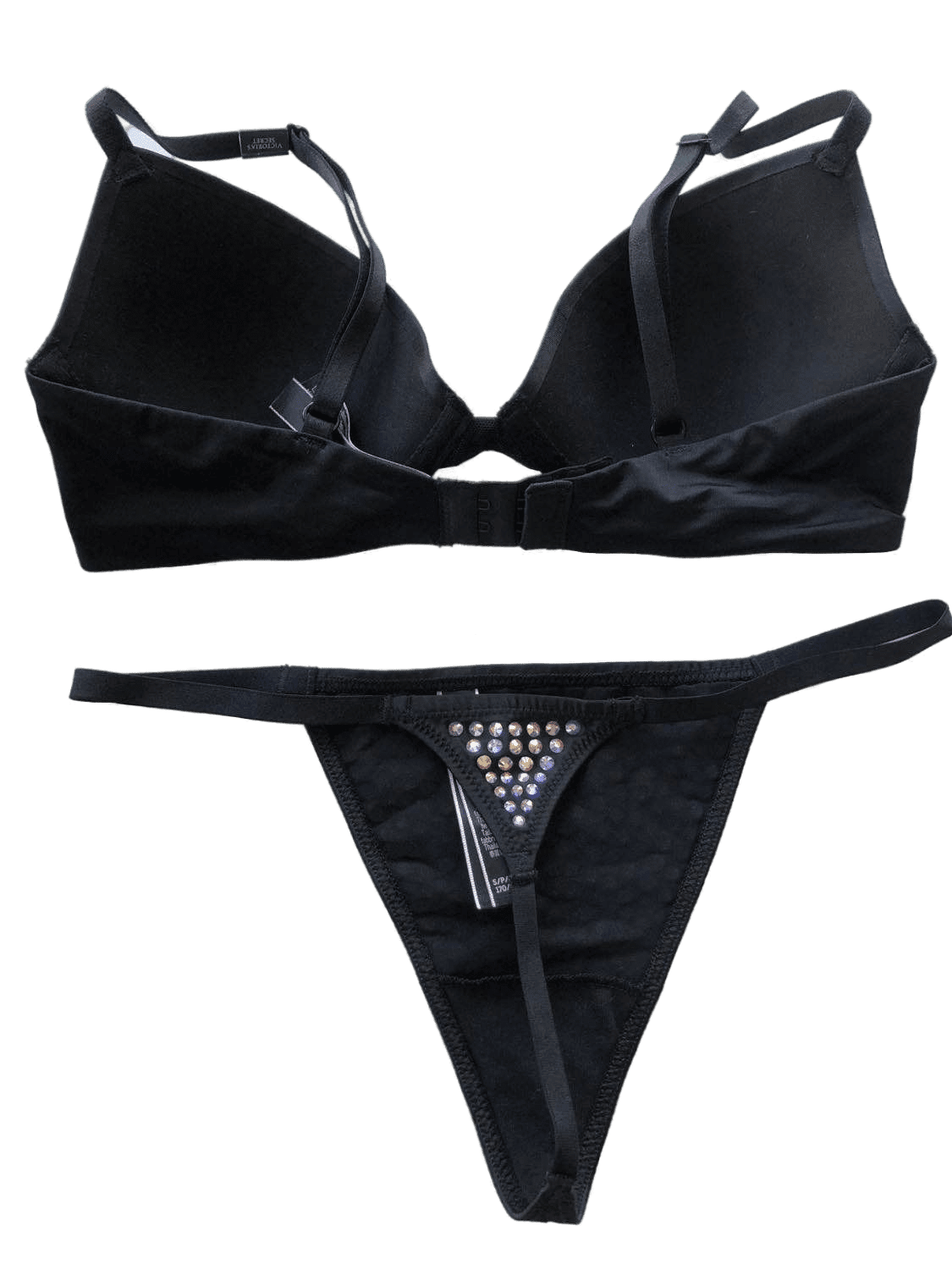 Victoria's Secret Very Sexy Embellished Low-cut Demi Bra and Panty Set  Bling Rhinestone Black 32C/XS New 