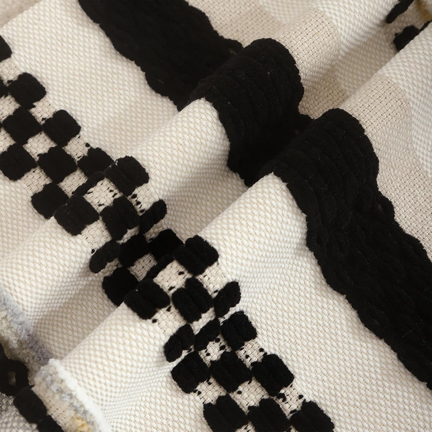 Boho Throw Pillow Covers 18x18 Set of 2 Striped Decorative Pillow Cases Accent Chenille Pillowcases Farmhouse Cushion Case Bohemian Nuetral Textured Pillow Cover,Black and Beige