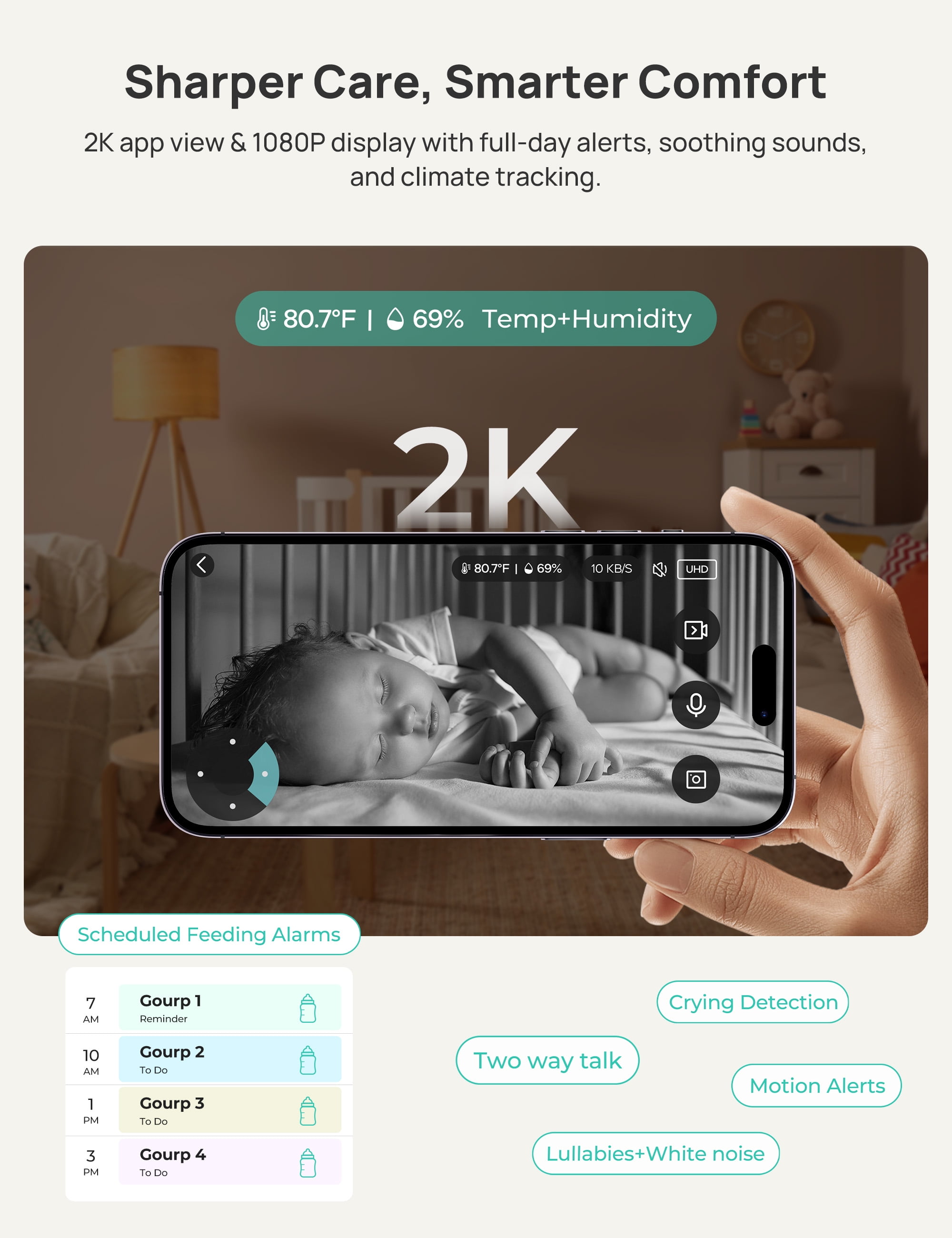 Babyphone Dr.Care NovaView Pro - Écran 5" 1080P, Détection Mouvement, Sans Wi-Fi, Portée 390 M