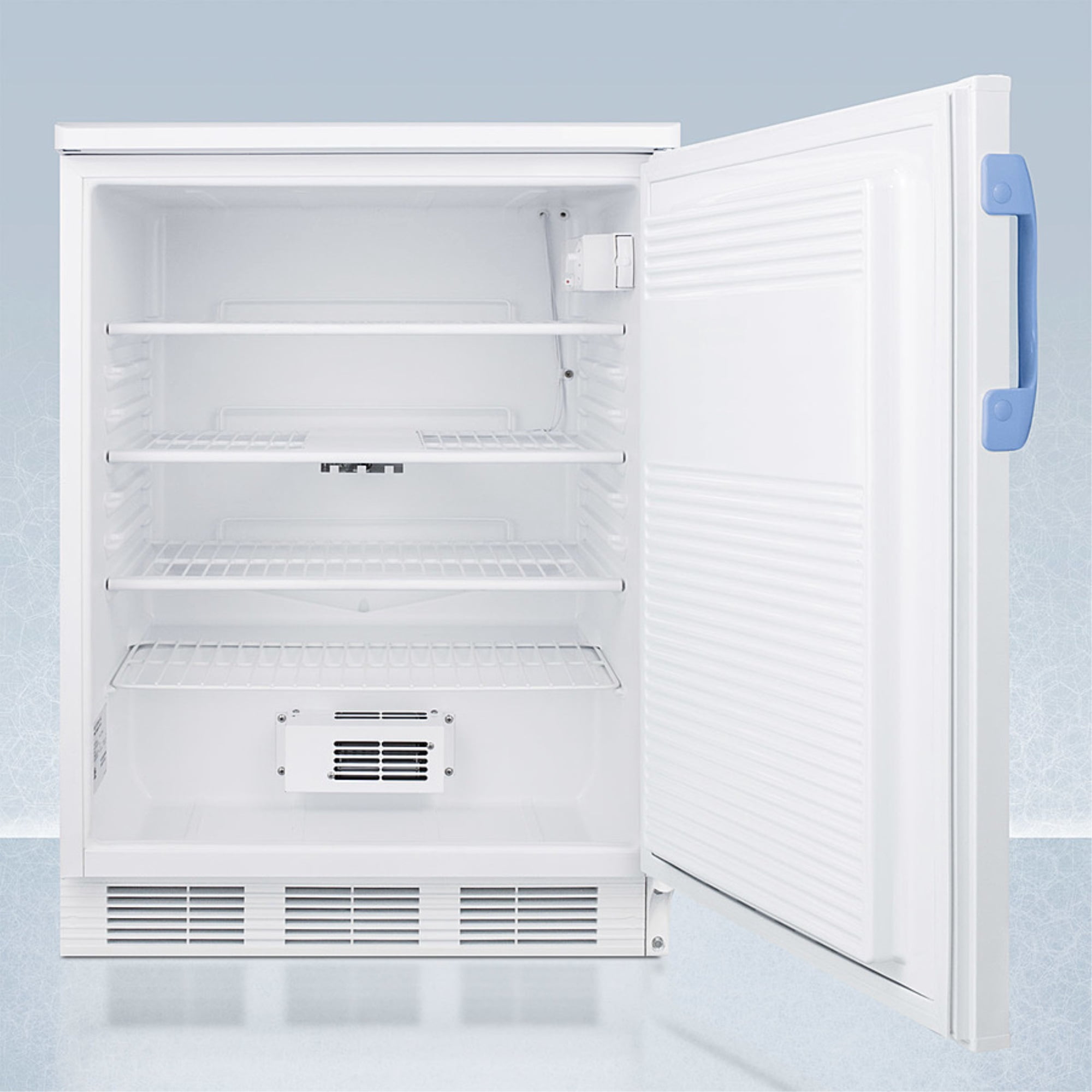 Built-in undercounter auto defrost medical/scientific all-refrigerator with front control panel equipped with a digital thermostat.