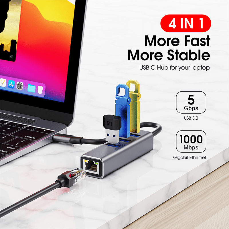 DOONJIEY  4 in 1 USB C Hub 3 USB Hub 3.0 1000mbps RJ45 Gigabit Ethernet USB A Type c Docking Station