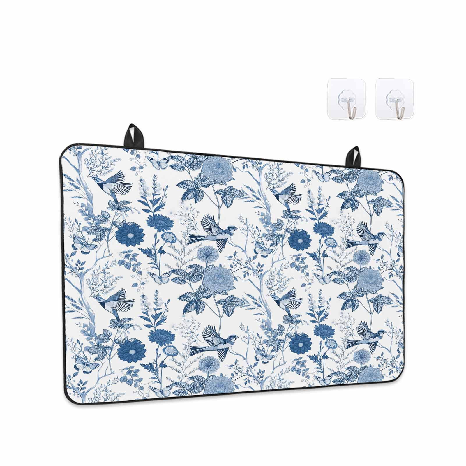 Flower Bird Stove Top Cover for Electric Stove, Heat-proof & Non Slip Glass Top Stove Cover Protector, Vintage Blue Garden Country Wildflower Kitchen Flat Cooktop Rubber Mat 28.5x20.5 Inches