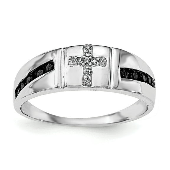 Sterling Silver Rhodium Black & White Diam. Cross Men's Ring